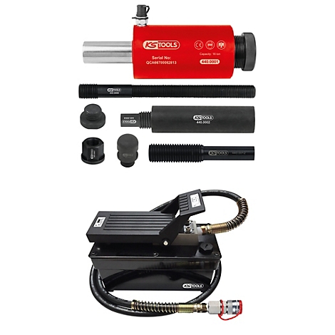 Hydraulisches Werkzeugset, rot-schwarz, bestehend aus Zylinder, Schrauben, Adaptern und Fußpumpe.